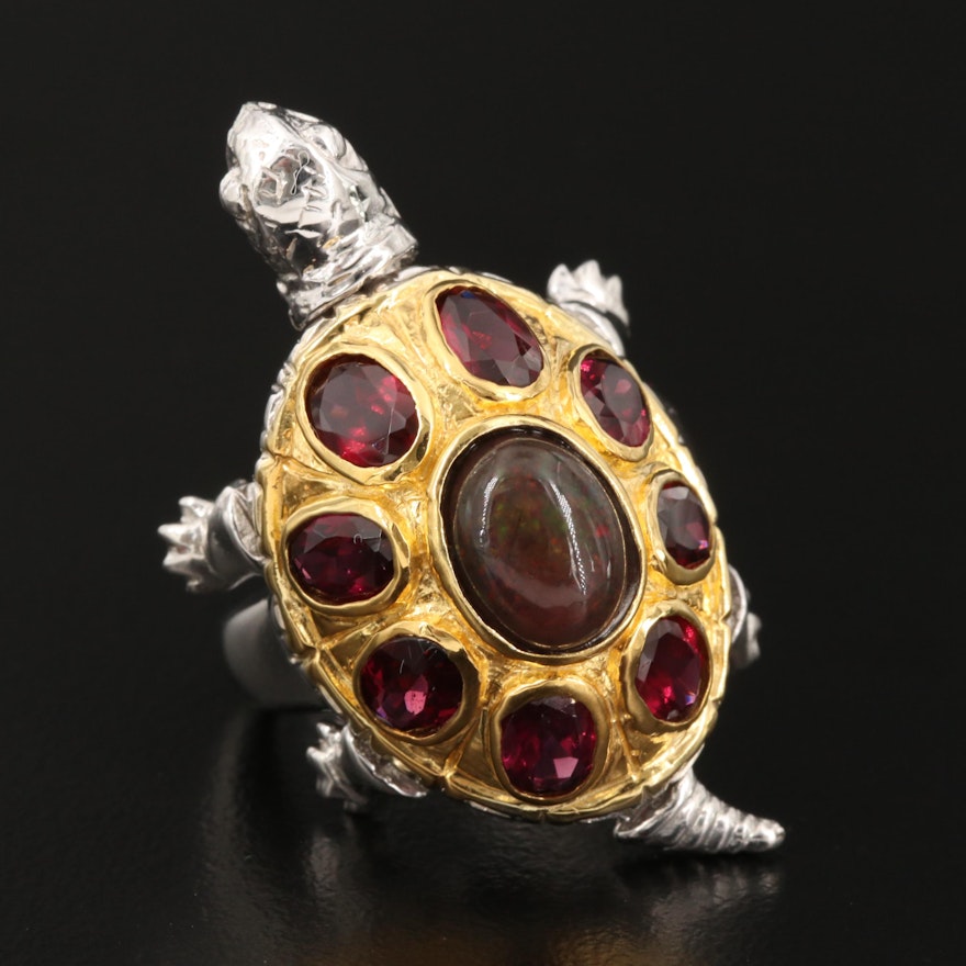 Sterling Silver Opal and Rhodolite Garnet Articulated Turtle Ring