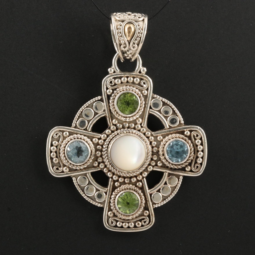 Sterling Mother of Pearl, Topaz and Peridot Cross Pendant