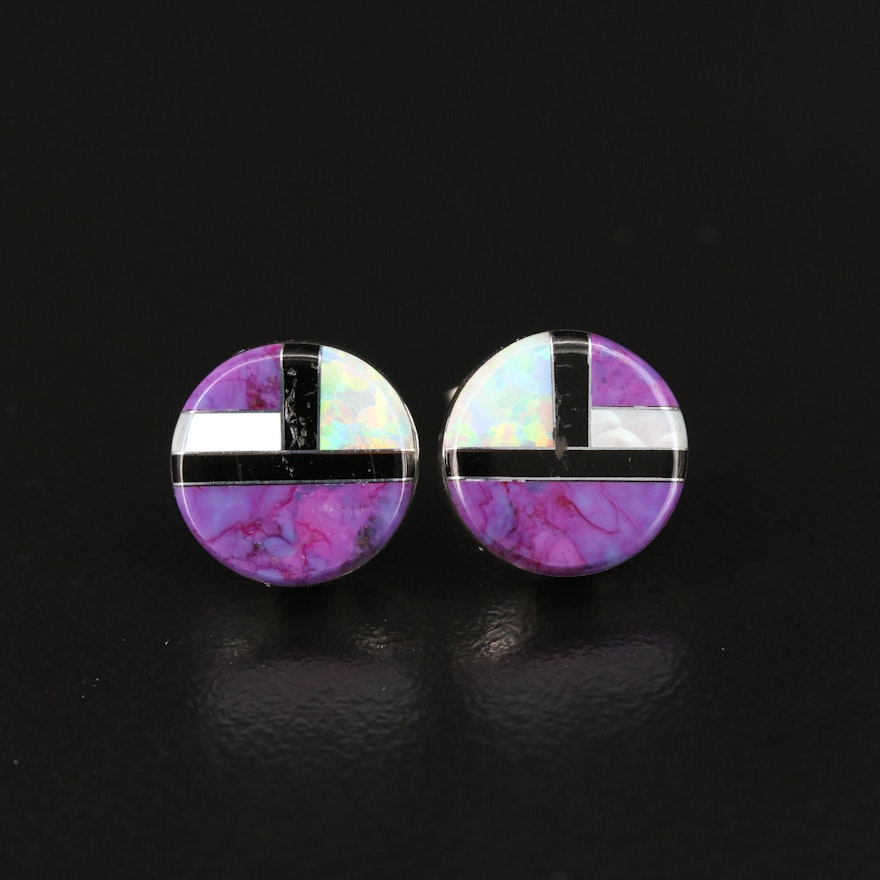 Sterling Button Earrings with Synthetic Opal, Black Onyx and Mother of Pearl
