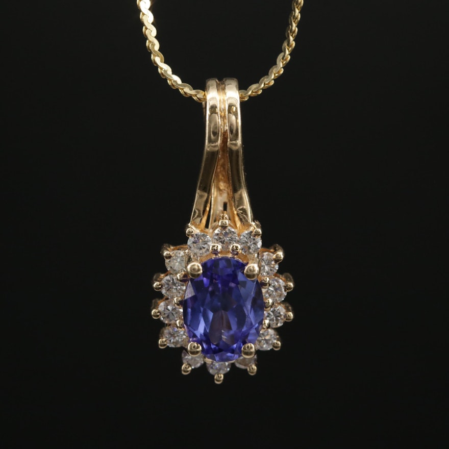 14K Yellow Gold Tanzanite and Diamond Pendant Necklace With Serpentine Chain