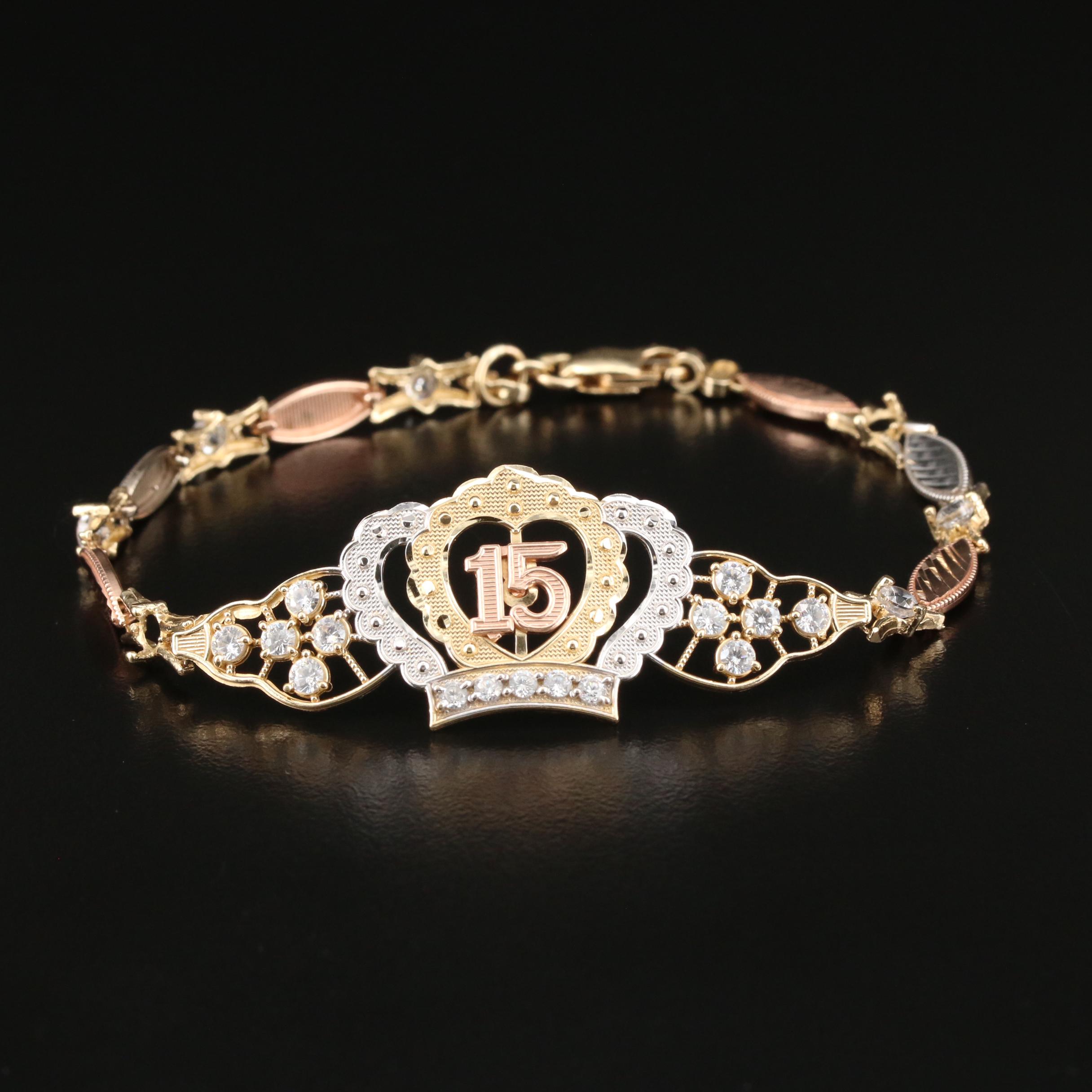 14K Tri-Color Gold Cubic Zirconia Quinceañera Bracelet