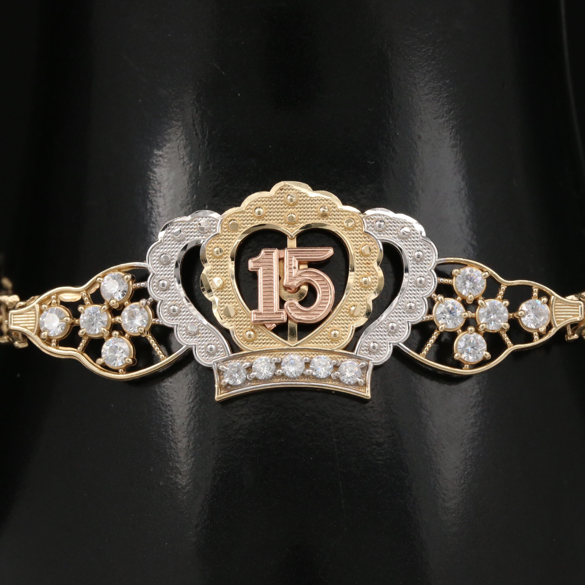14K Tri-Color Gold Cubic Zirconia Quinceañera Bracelet