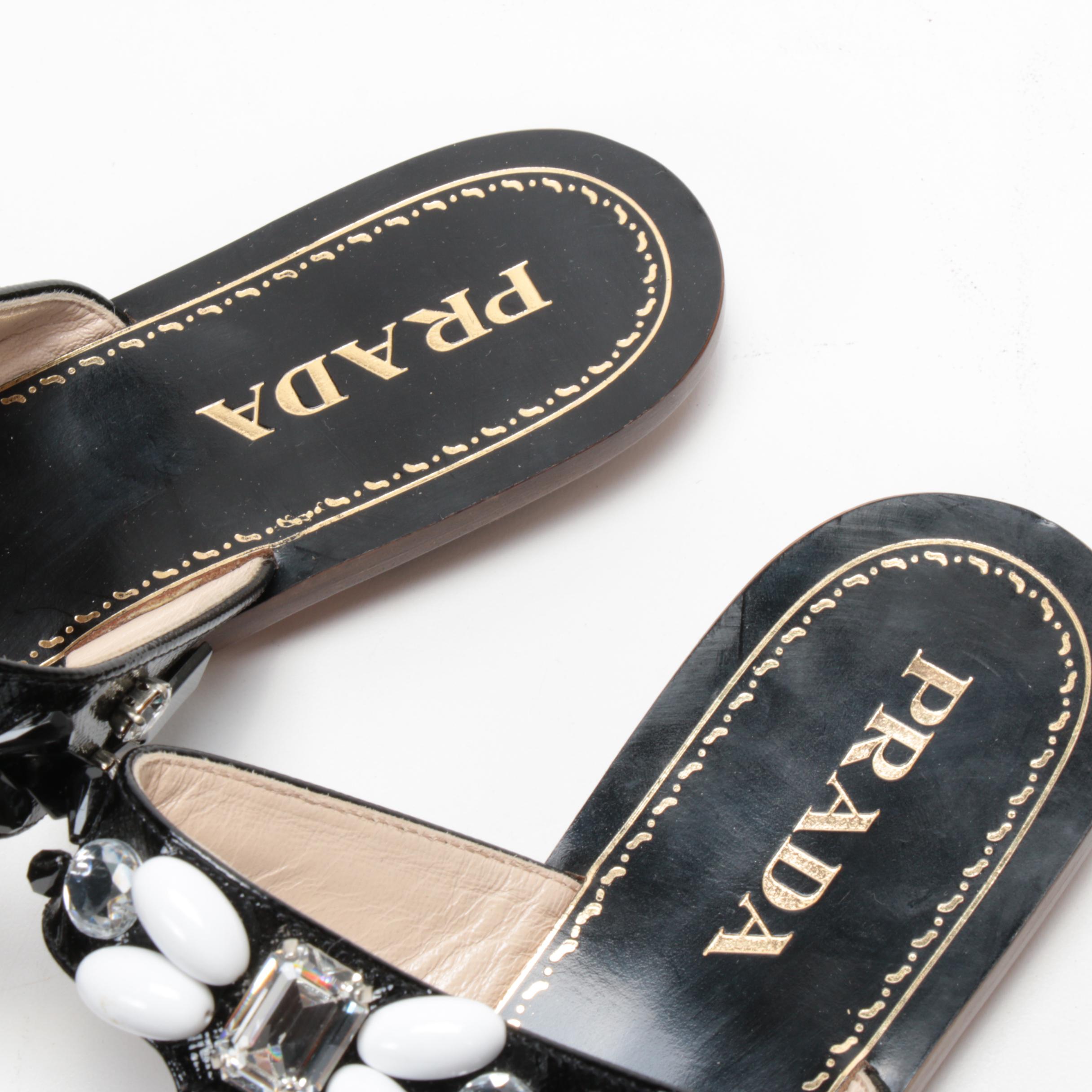 Prada Embellished Black Saffiano Patent Leather Sandals