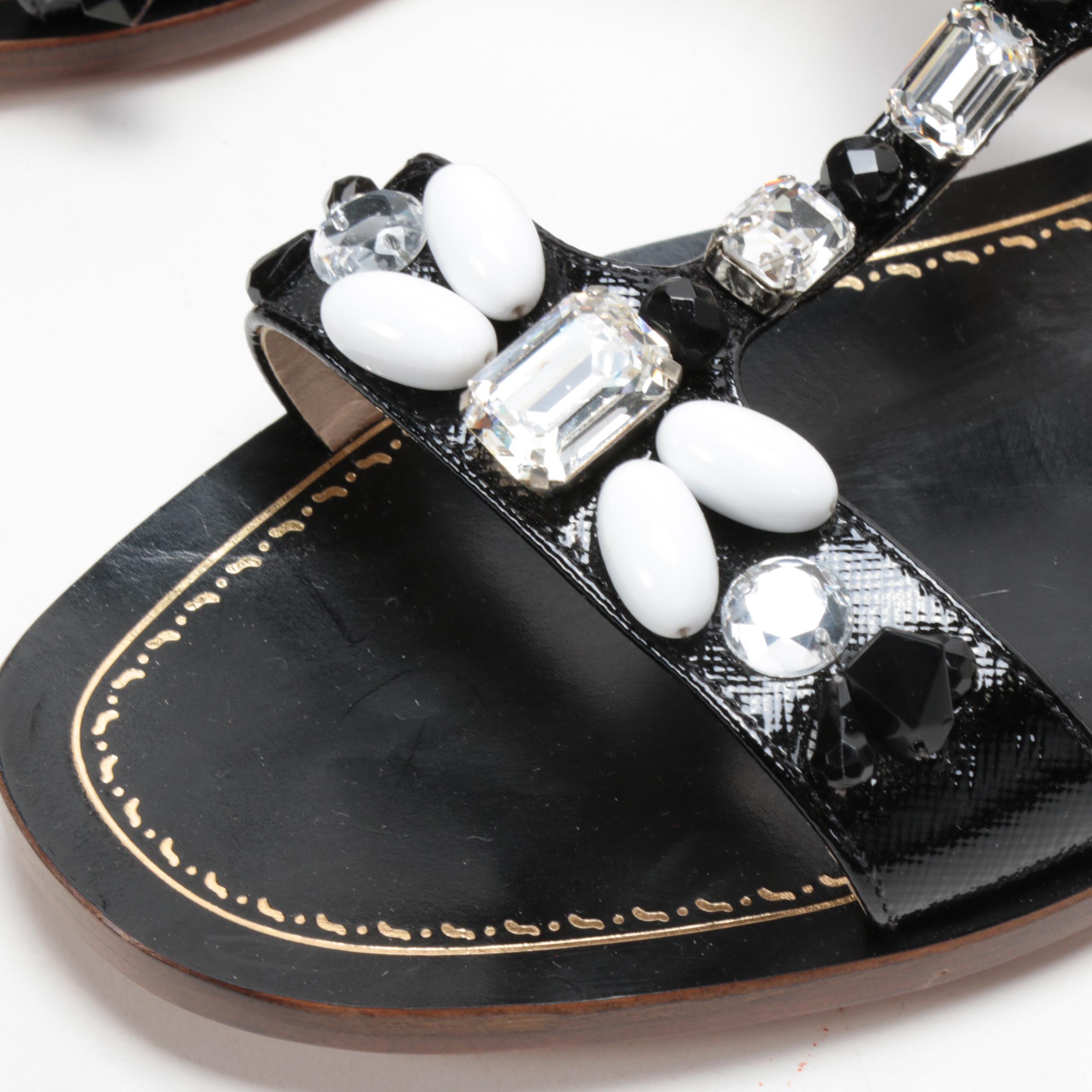 Prada Embellished Black Saffiano Patent Leather Sandals