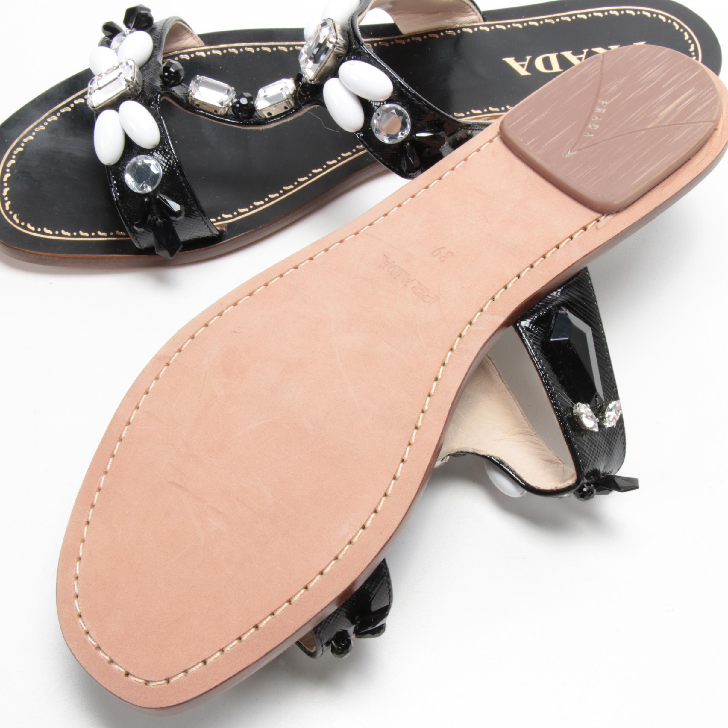 Prada Embellished Black Saffiano Patent Leather Sandals