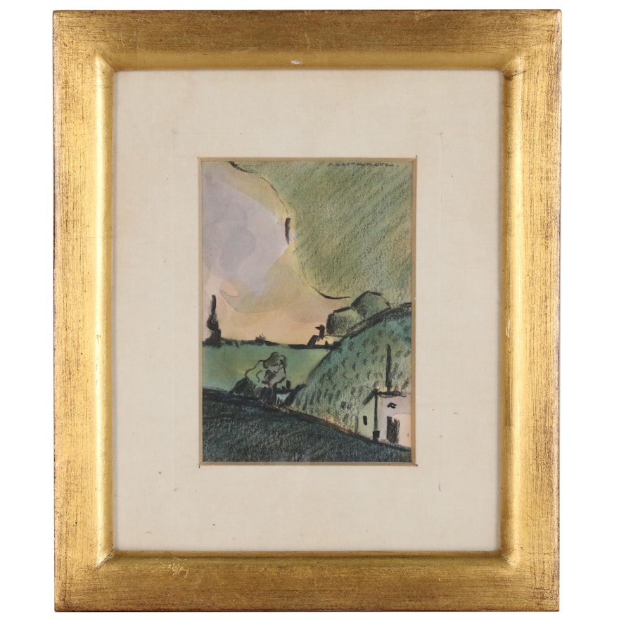 Watercolor Landscape Painting with Charcoal Embellishments, 20th Century