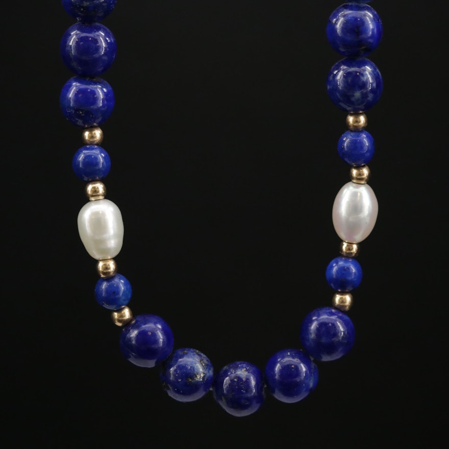 14K Beaded Lapis Lazuli and Cultured Pearl Necklace