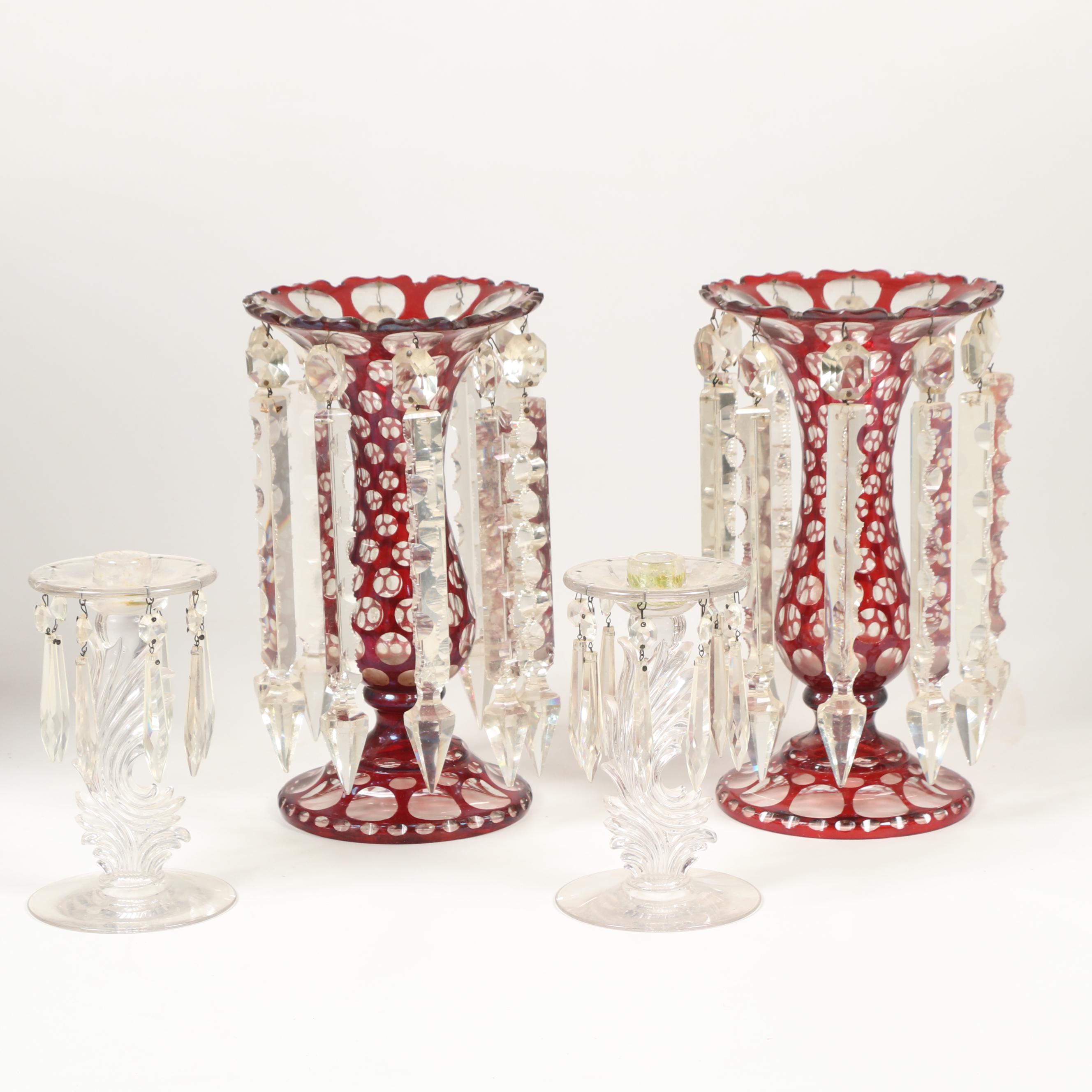 Grandiole Candlesticks and Cut-to-Clear Glass Vases, Vintage