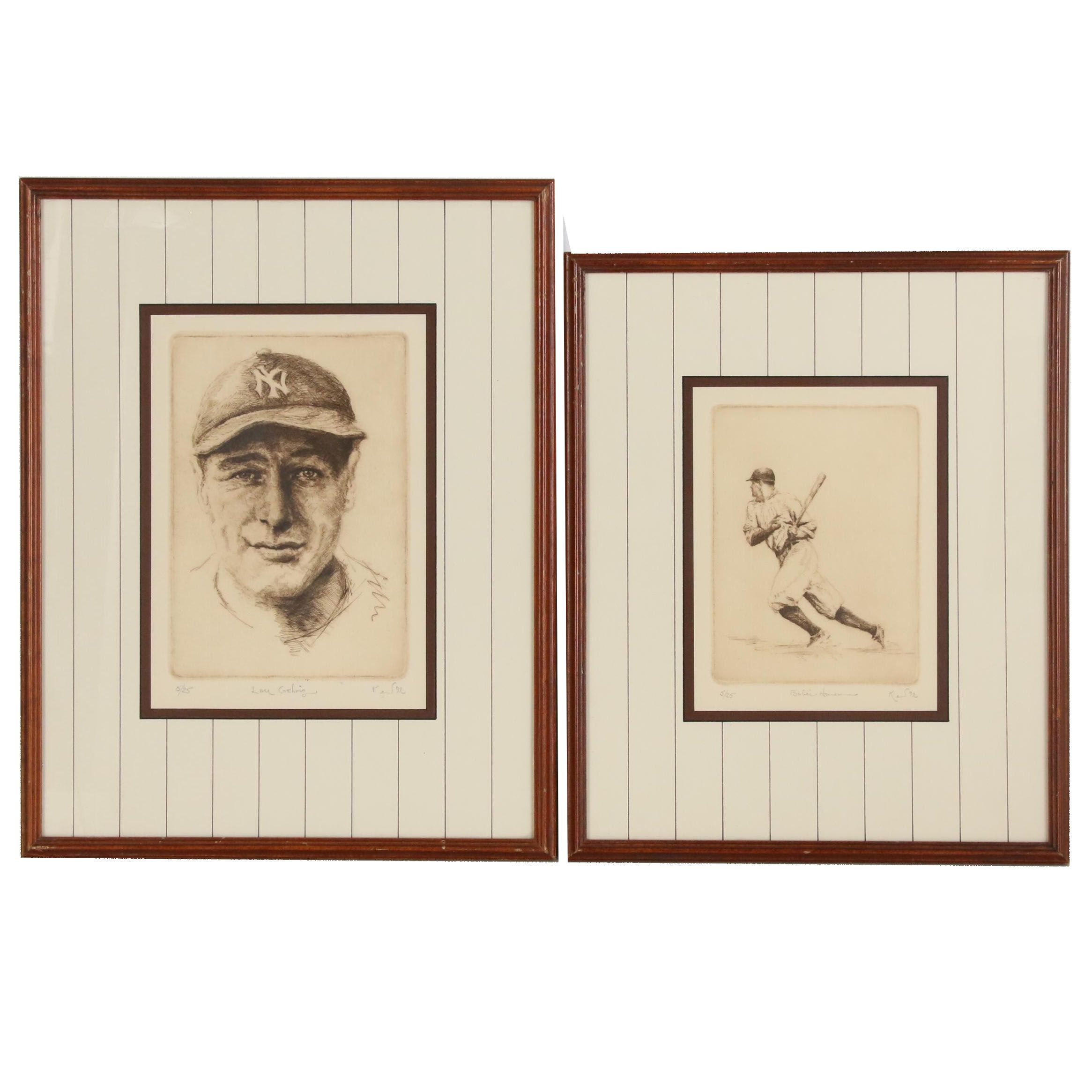 Kent Talmage Bowers Etchings"Lou Gehrig" and "Babe's Homerun", 1992