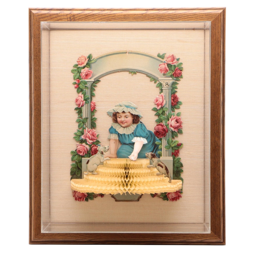 Victorian Era Child and Dogs Paper Decoration in Cased Frame, circa 1900s