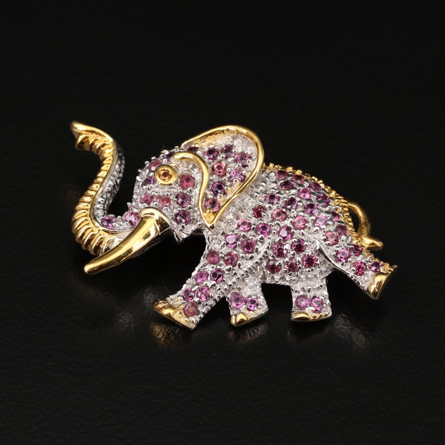 Sterling Silver Rhodolite Garnet and Sapphire Marching Elephant Brooch