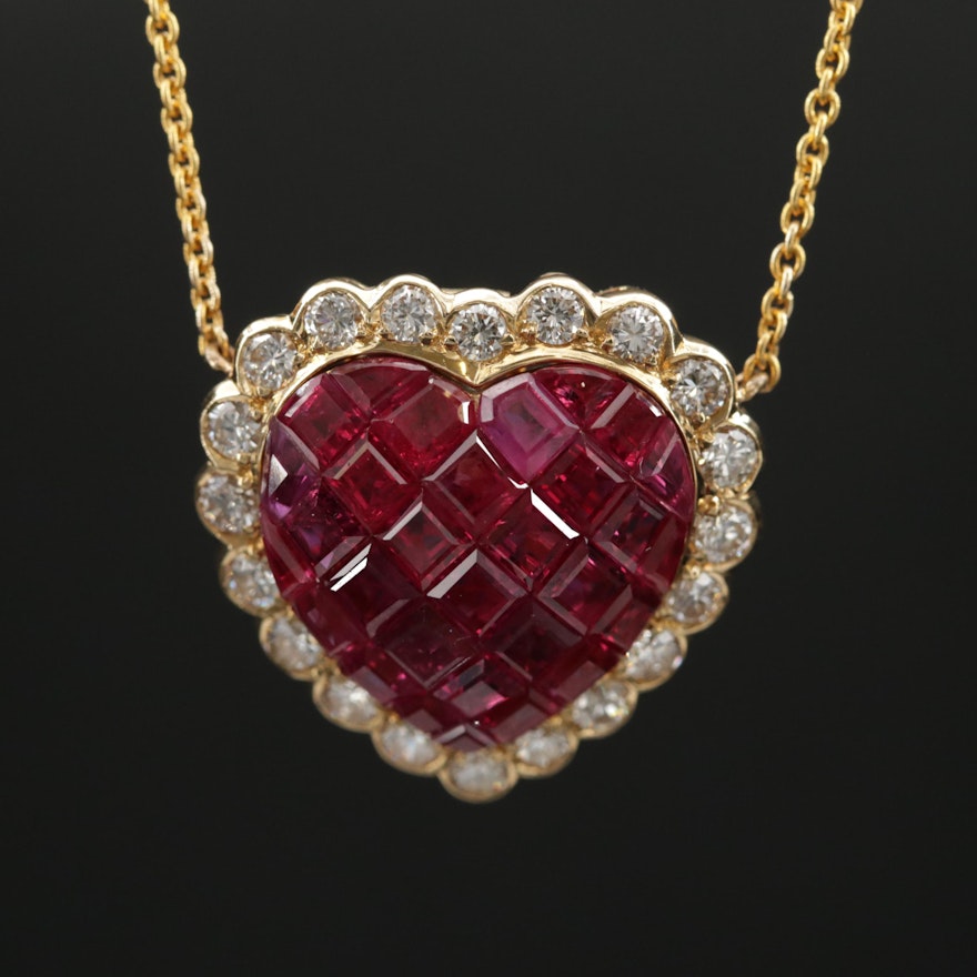 18K Ruby and Diamond Stationary Heart Pendant Necklace