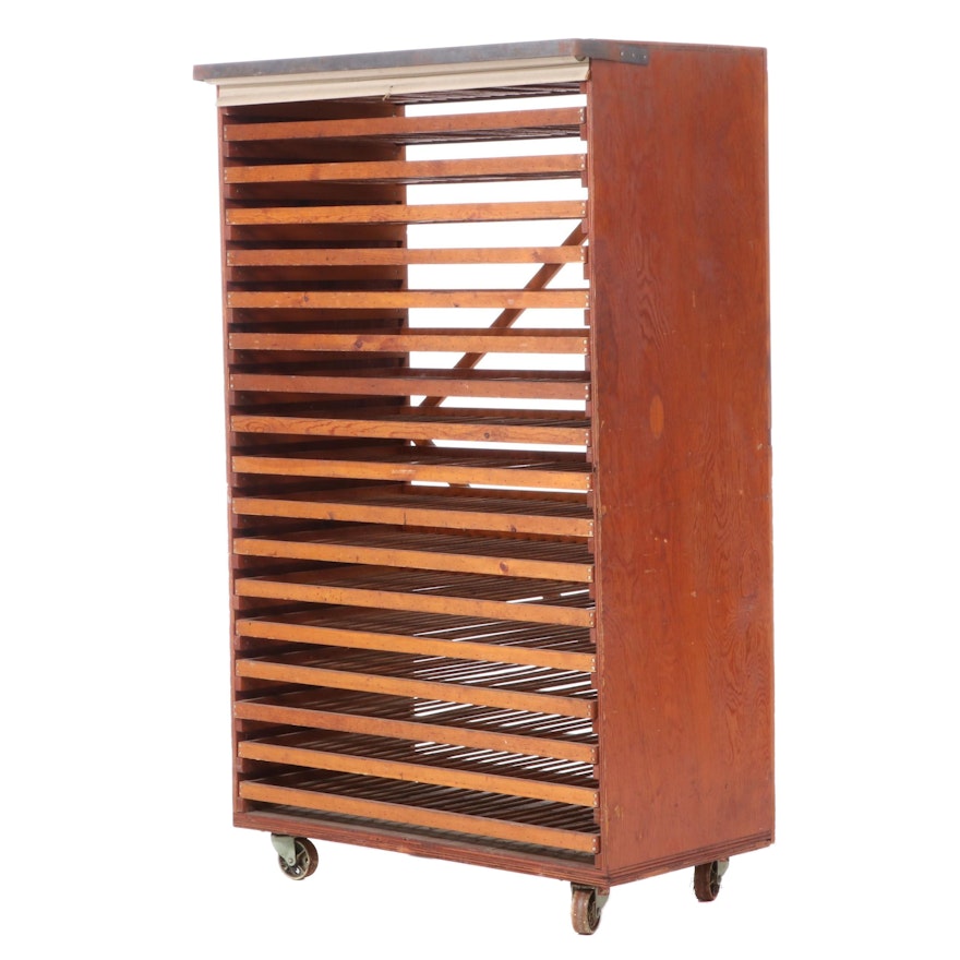 Industrial Rolling Rack with Eighteen Spindled Shelves, 20th Century