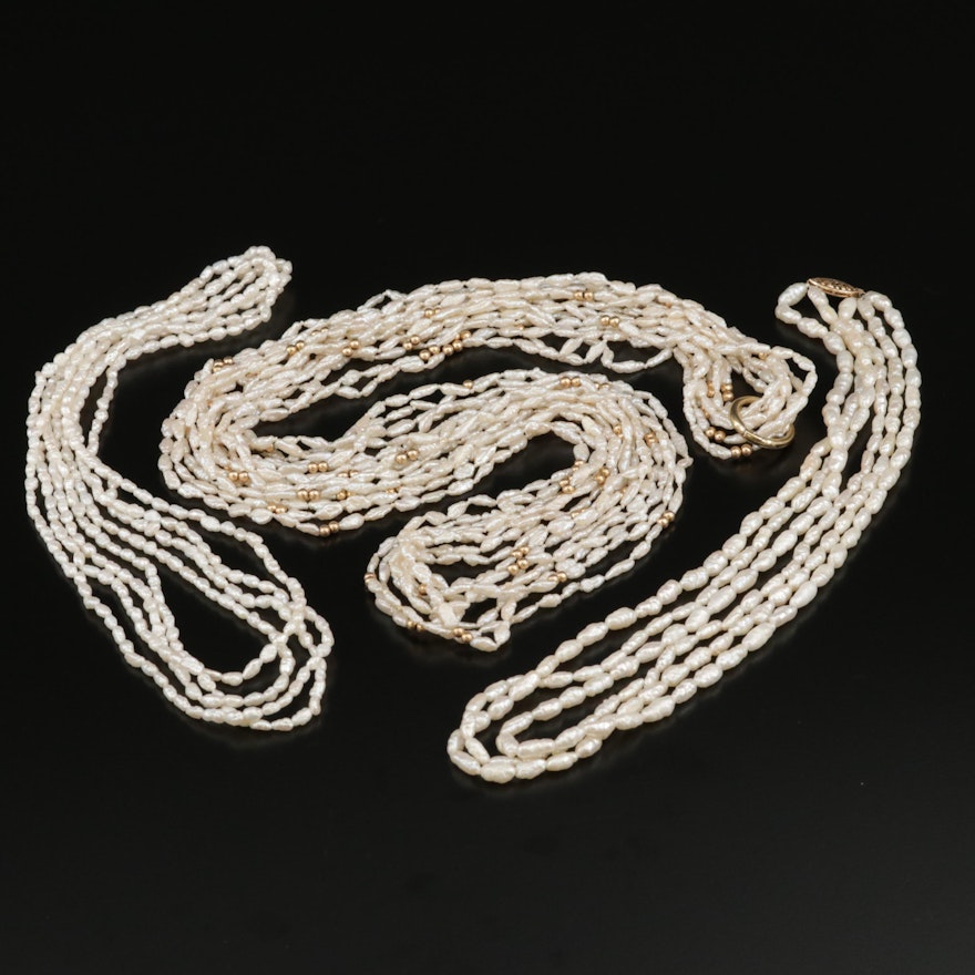 Cultured Pearl Multi-Strand Necklaces Featuring 14K Clasps and Spacer Beads