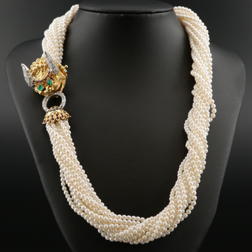 Cultured Pearl Torsade with 18K Diamond and Multi-Gemstone Dragon Clasp