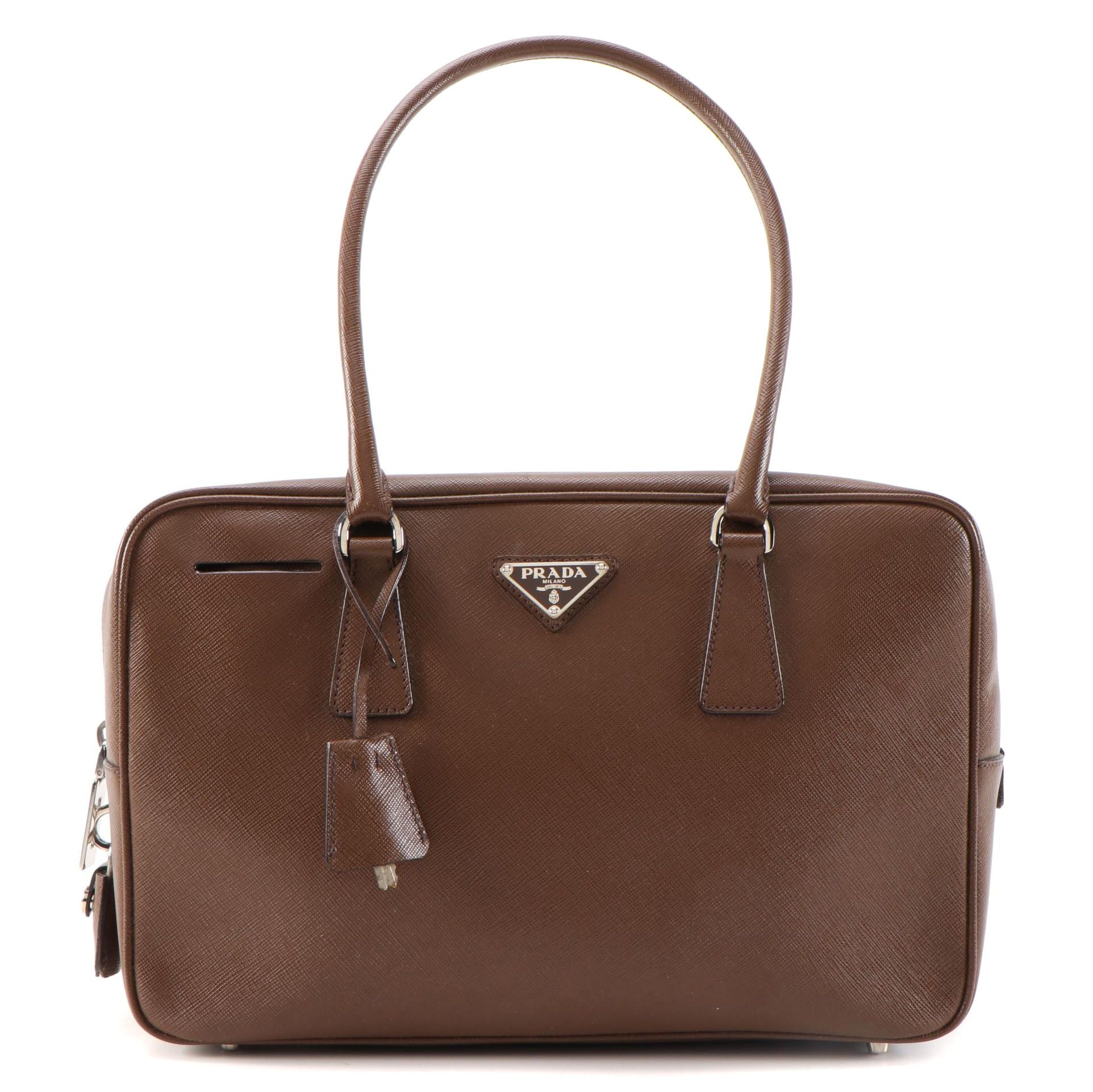Prada Bauletto Shoulder Bag in Brown Saffiano Leather