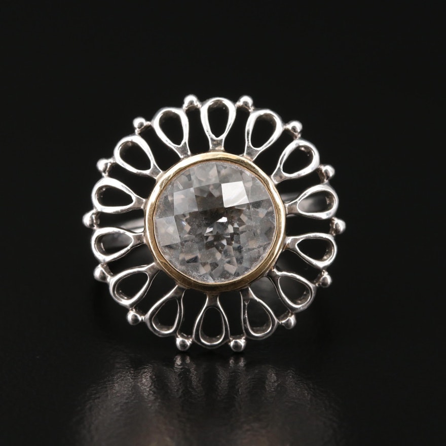 Sterling Silver Rock Crystal Quartz Ring with 18K Gold Accents
