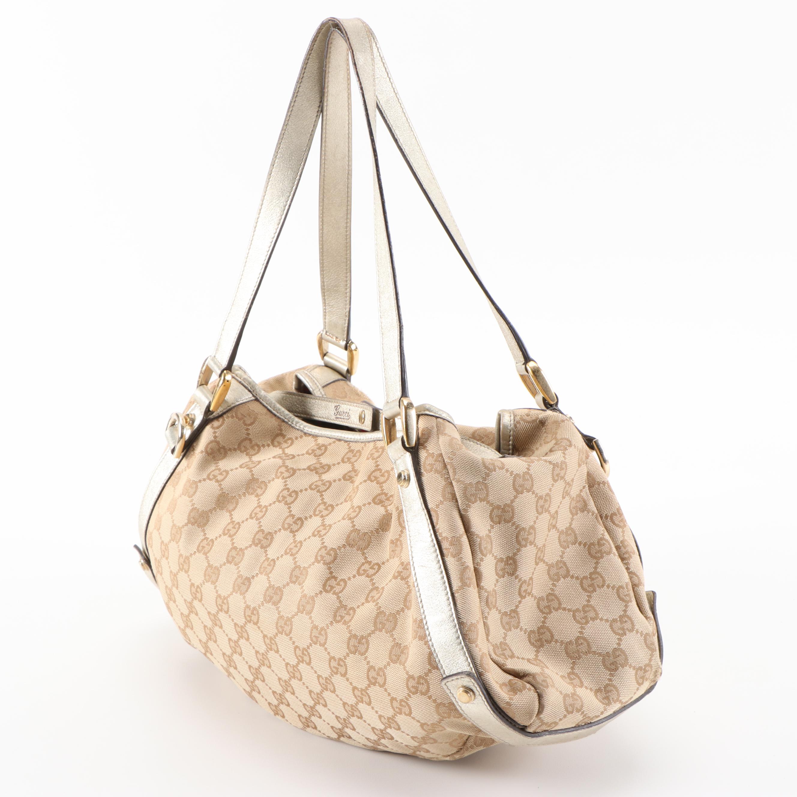 Gucci Medium Abbey D-Ring Tote Bag in GG Canvas and Metallic Leather