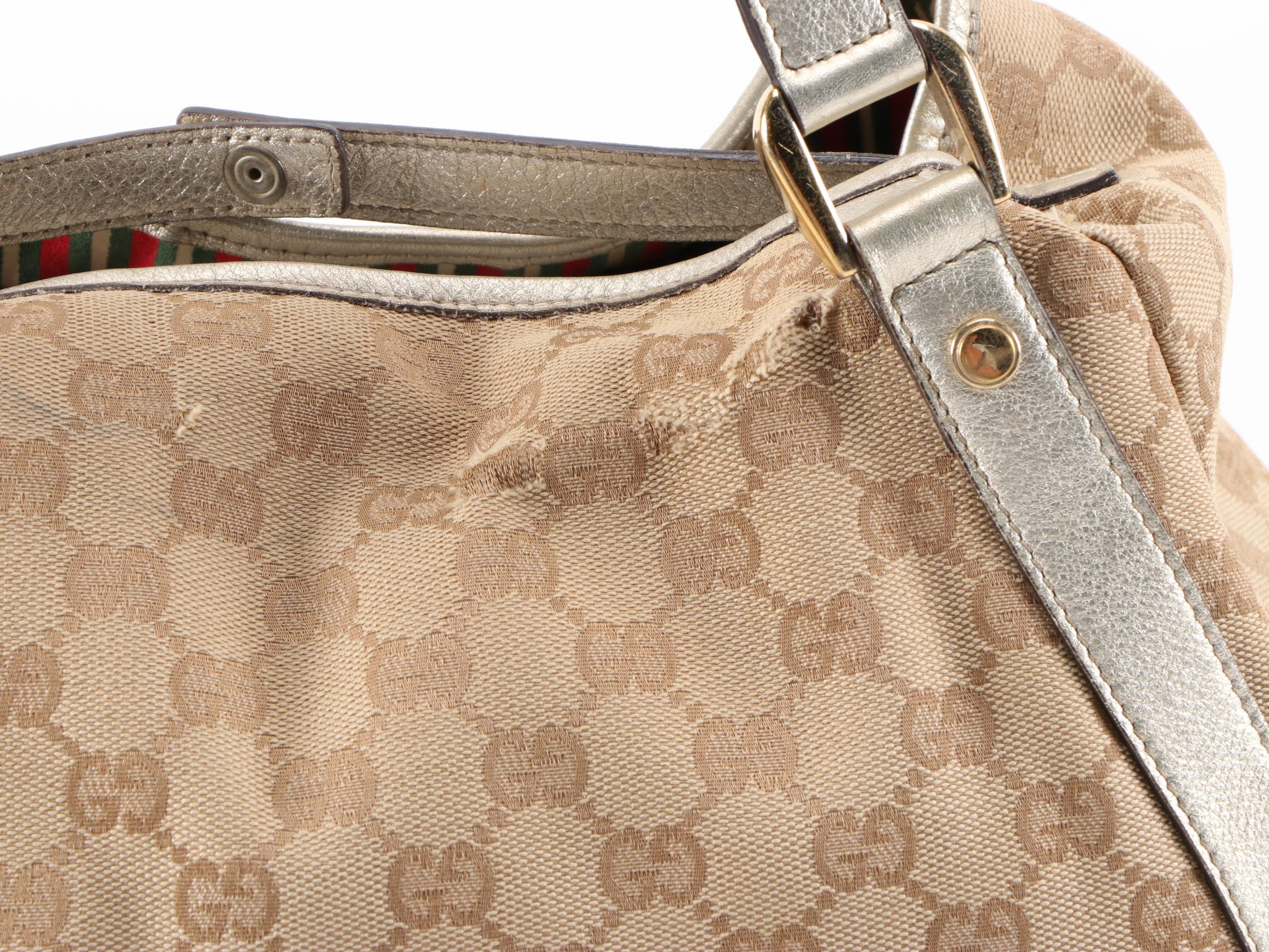 Gucci Medium Abbey D-Ring Tote Bag in GG Canvas and Metallic Leather