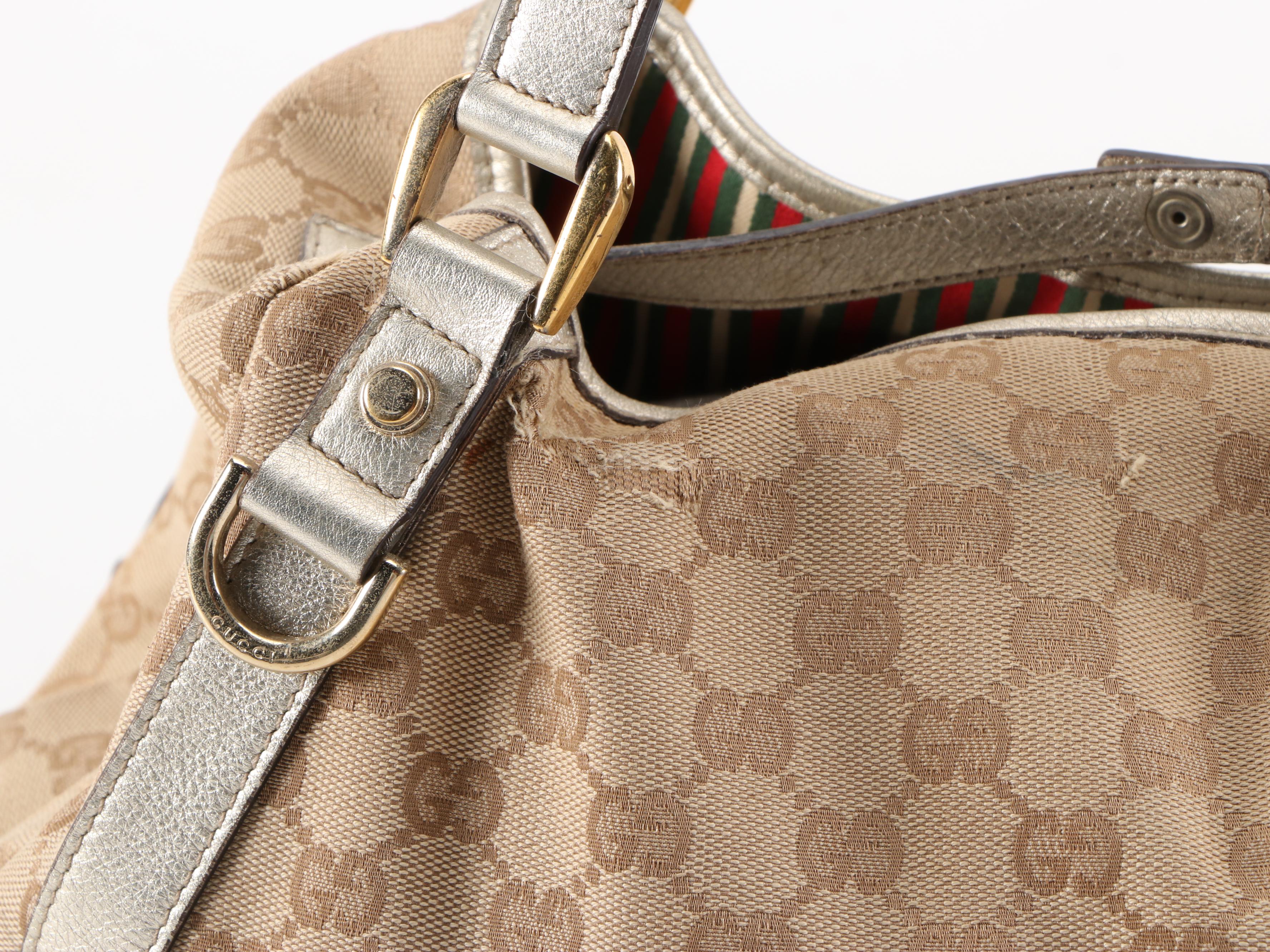 Gucci Medium Abbey D-Ring Tote Bag in GG Canvas and Metallic Leather