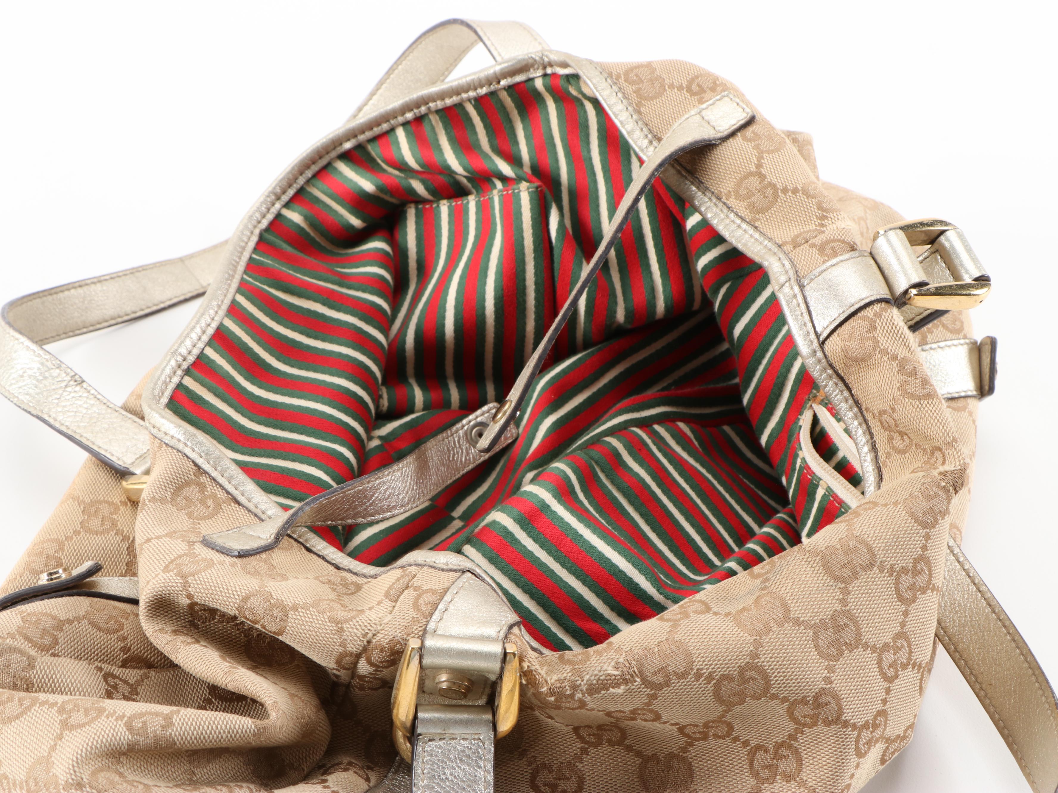 Gucci Medium Abbey D-Ring Tote Bag in GG Canvas and Metallic Leather