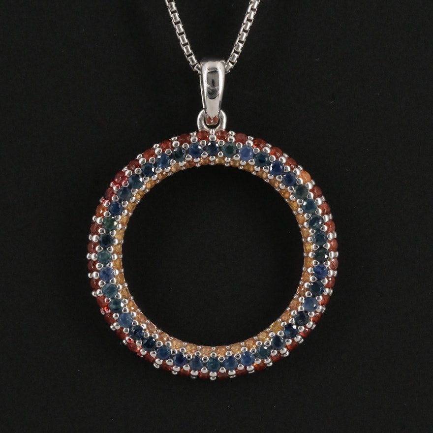 Sterling Silver Sapphire and Garnet Circle Pendant Necklace