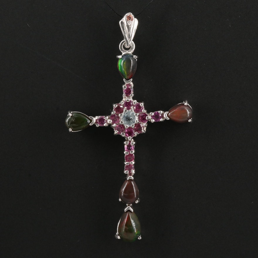 Sterling Silver Opal, Aquamarine, and Rhodolite Garnet Cross Pendant