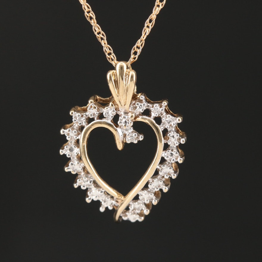 10K Diamond Heart Pendant on 14K Rope Chain Necklace