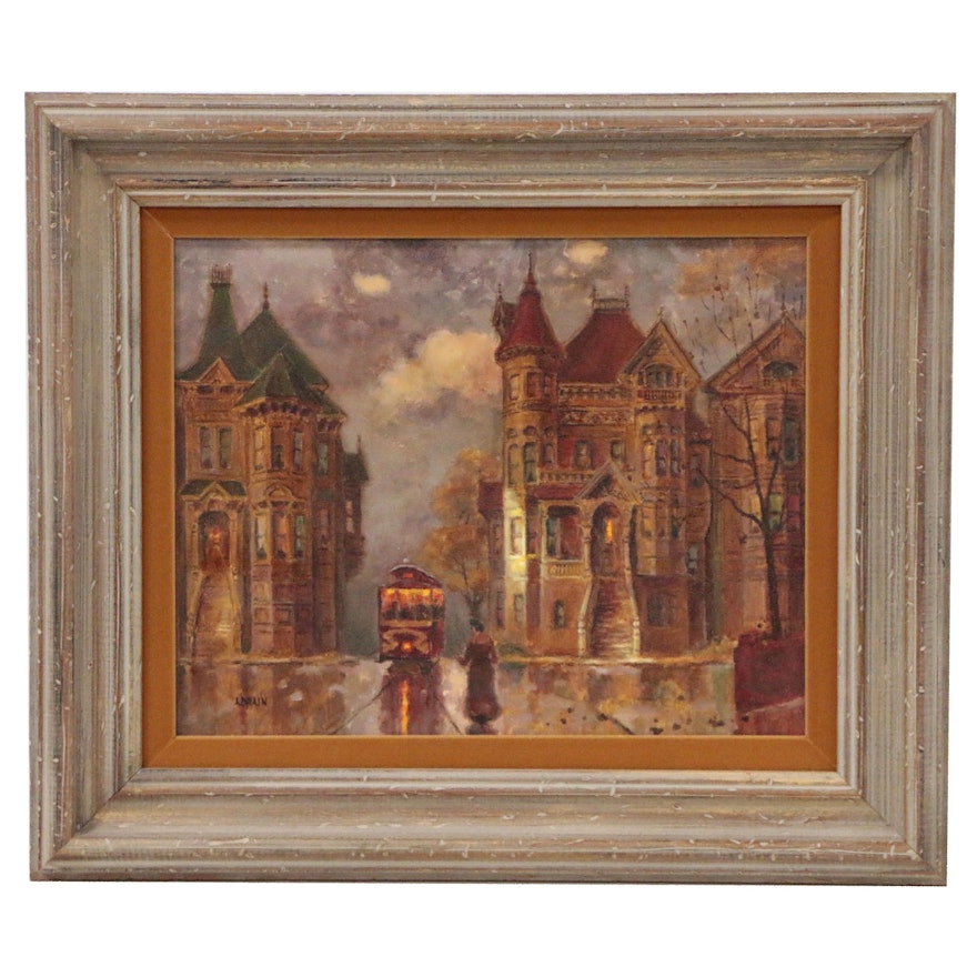 Oil Painting of Street Scene with Victorian Houses and Trolly