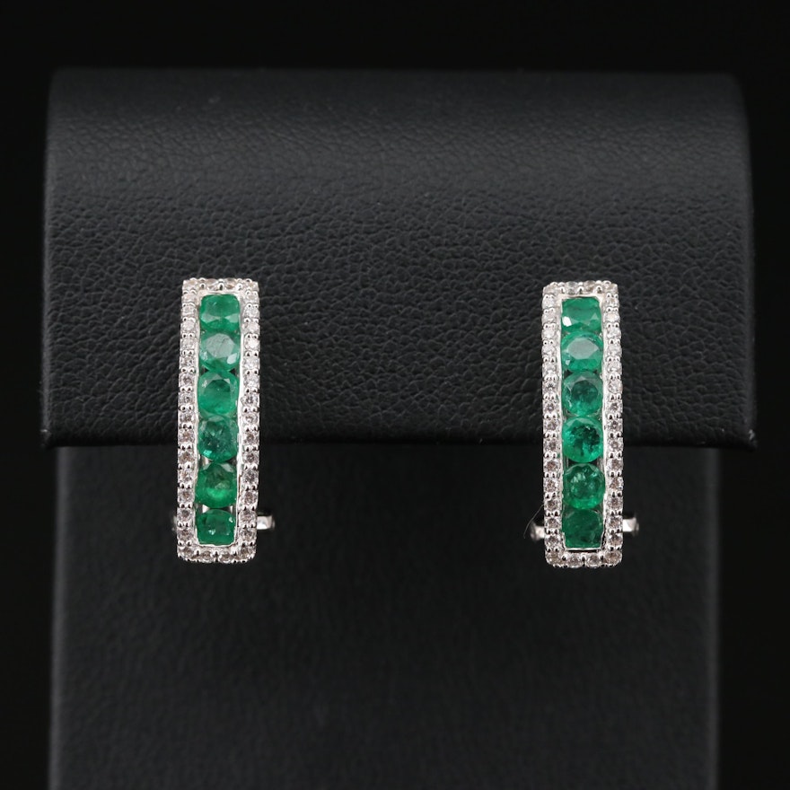 Sterling Silver Emerald J-Hoop Earrings with Cubic Zirconia Halos