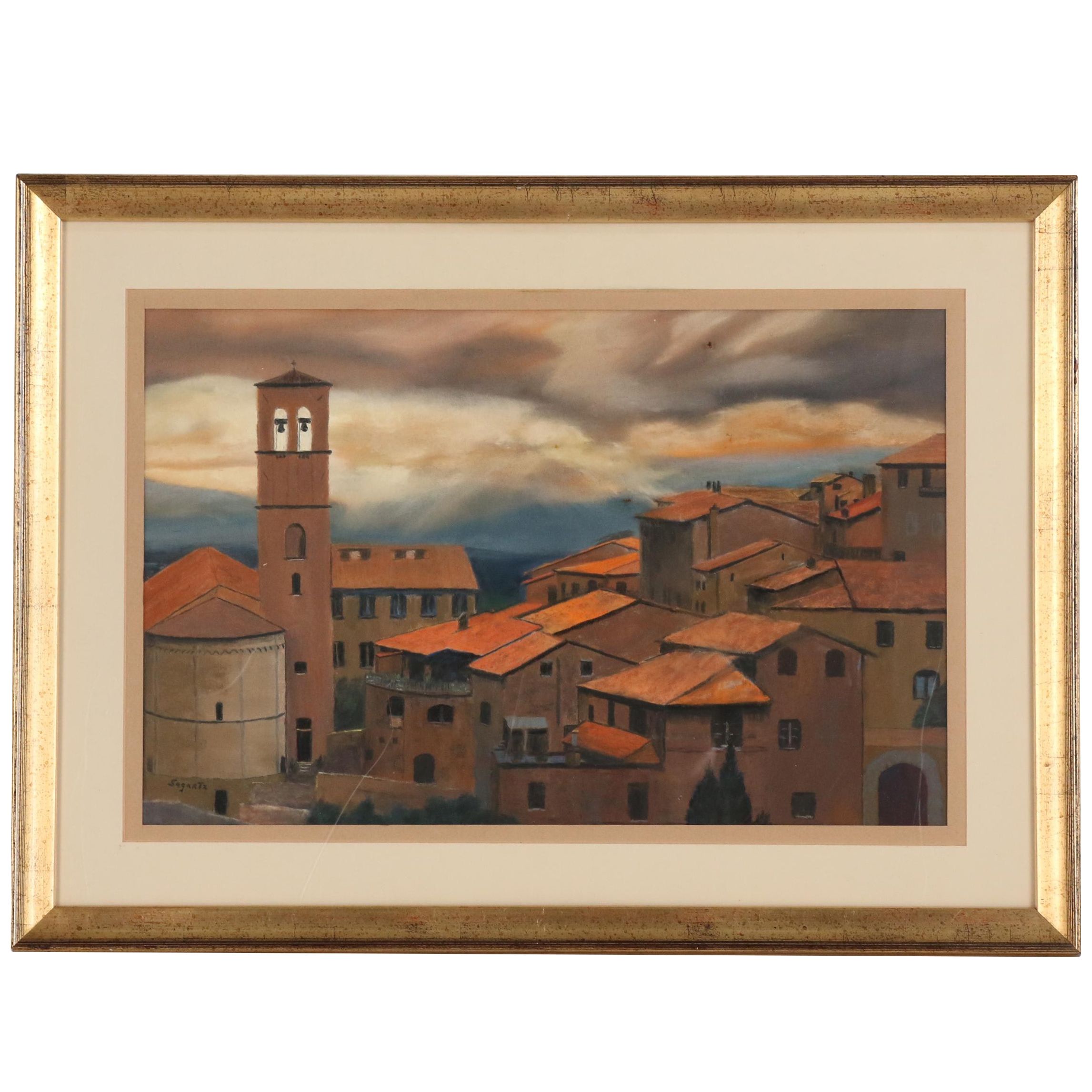 John Sagartz Pastel Drawing of Village Scene "Povera Assisi"
