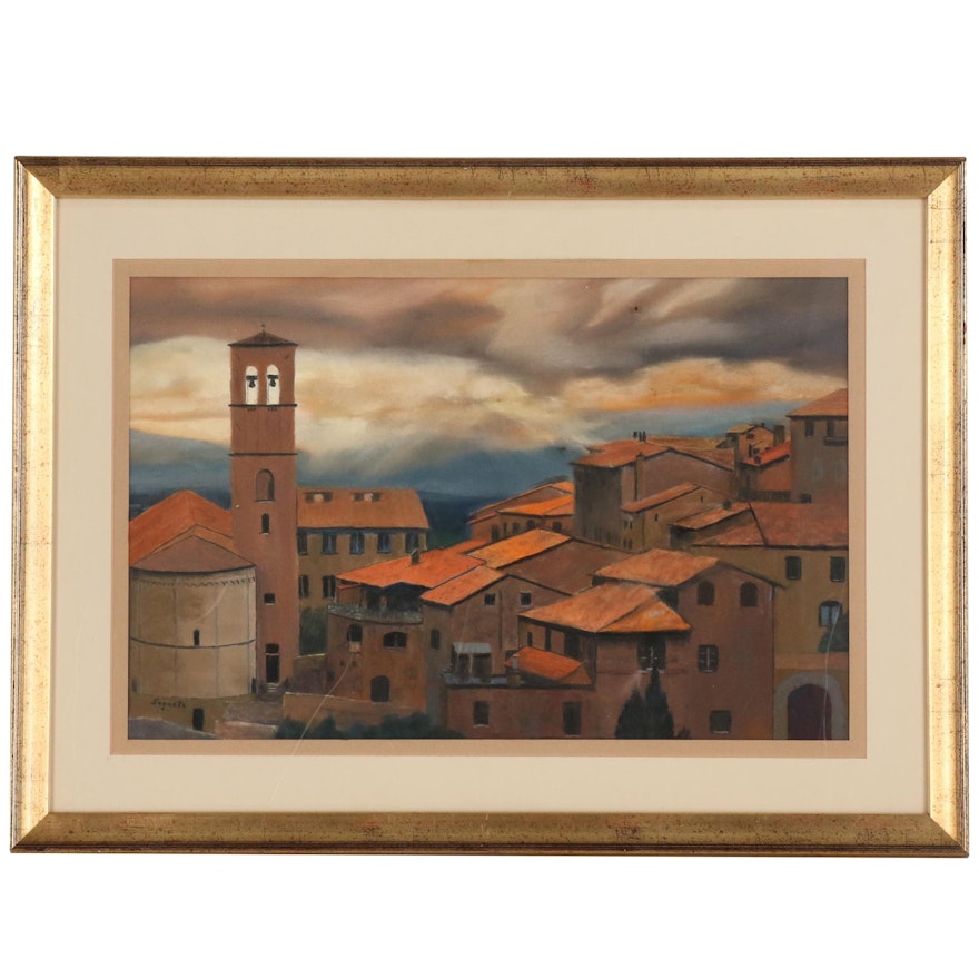 John Sagartz Pastel Drawing of Village Scene "Povera Assisi"