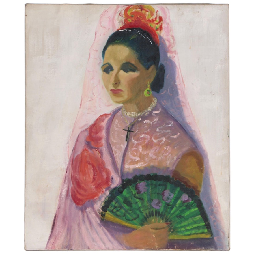 Portrait Oil Painting of Woman with Veil and Fan