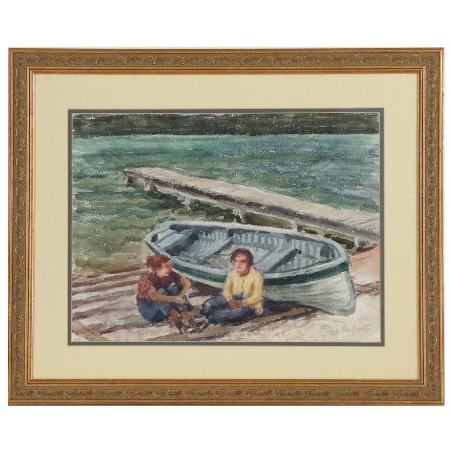 Mary McMath Watercolor Painting of Rowboat and Figures