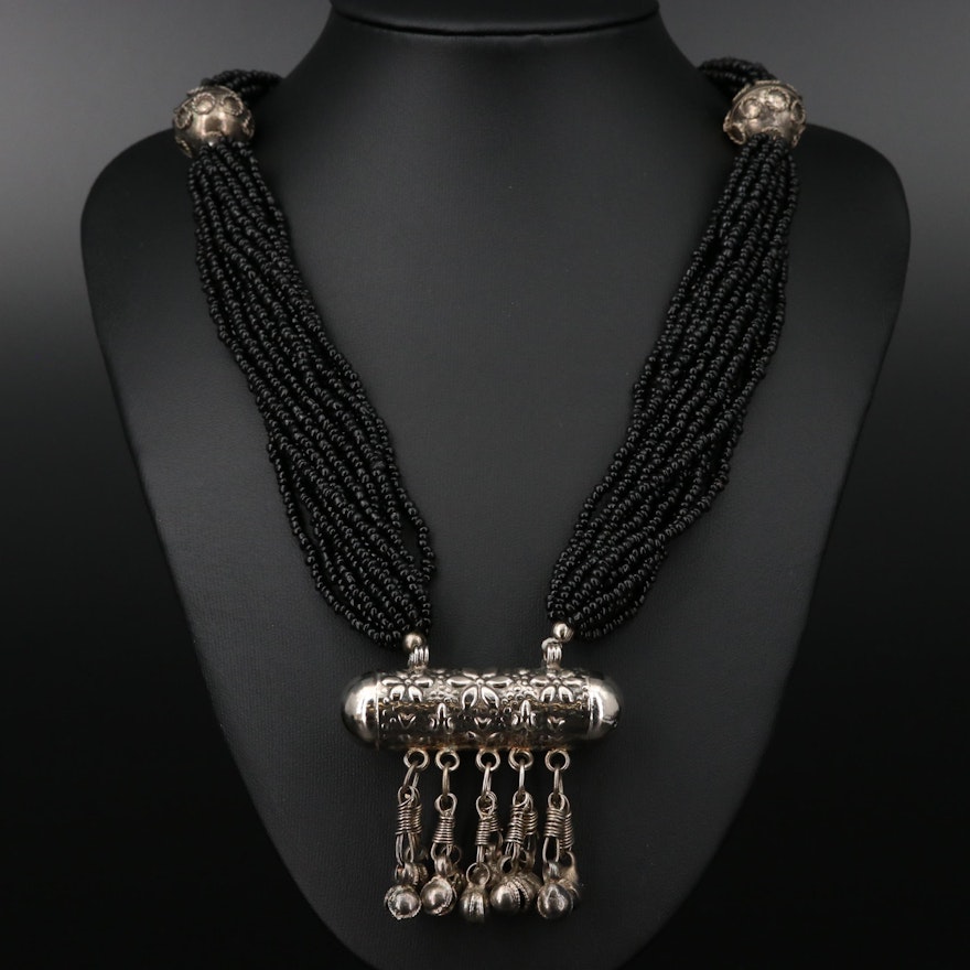 Bell Bar Pendant on Black Glass Beaded Multi-Strand Necklace