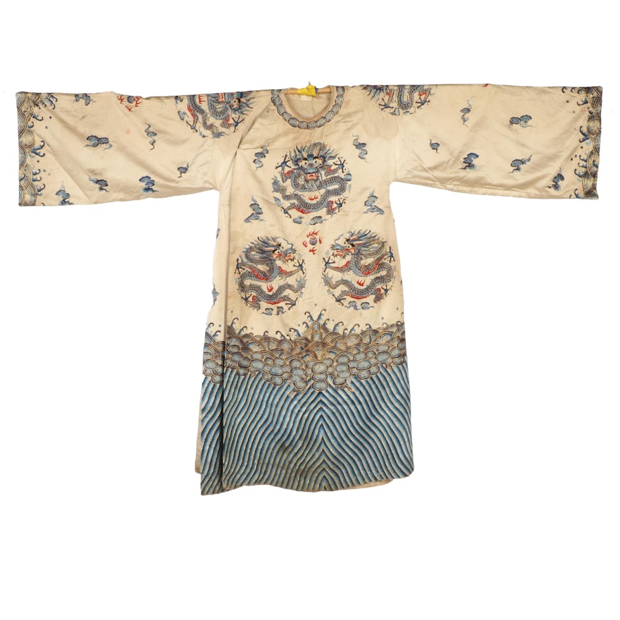 Chinese Embroidered Silk Robe with Four-Clawed Dragons, Qing Dynasty Period