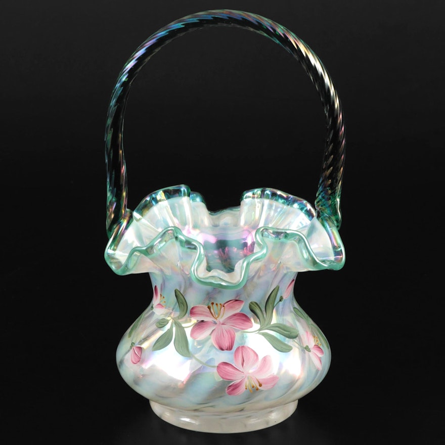 Fenton 90th Anniversary French Opalescent Swirl Art Glass Basket, 1995