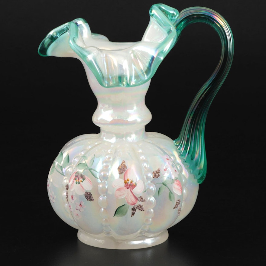 Fenton Hand-Painted Opalescent Art Glass Ewer with Ruffled Rim, 1980s