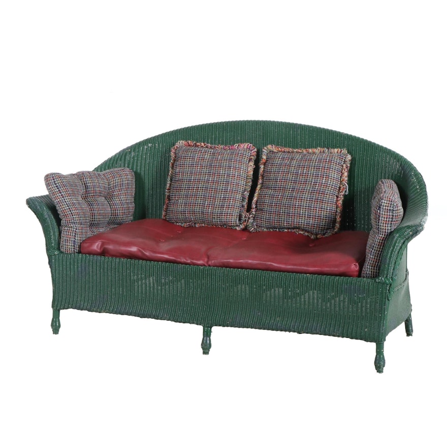 Green Painted Twisted Cord Wicker Sofa, Early 20th Century