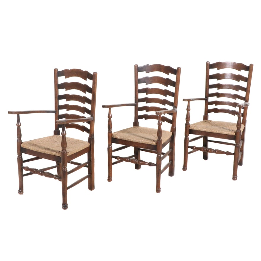 Ladderback Armchairs with Woven Grass Seats, Set of Three, Late 19th Century