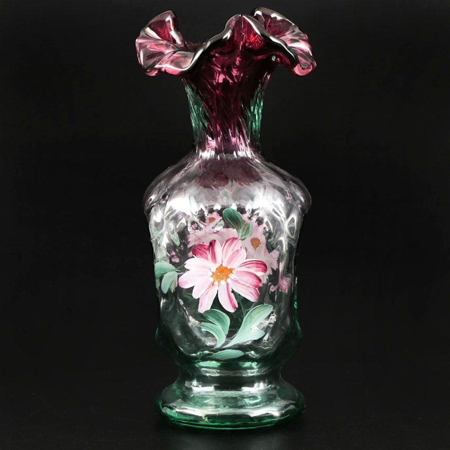 Fenton Hand-Painted Art Glass Vase with Ruffled Rim, Late 20th Century