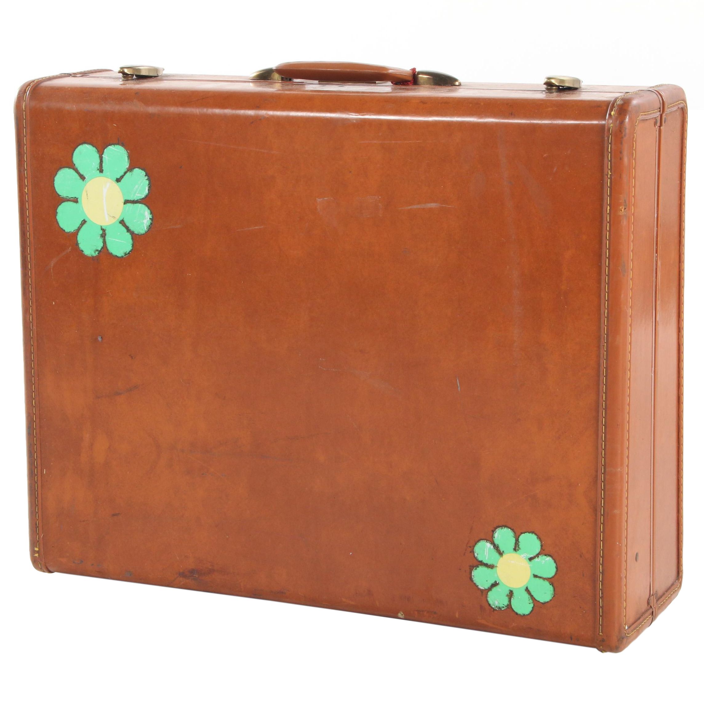 Samsonite Leather Hard Case Suitcase with Flower Sticker Accents, Vintage