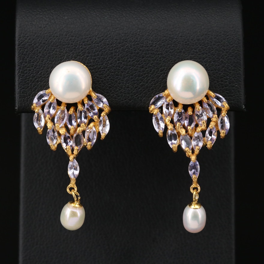 Sterling Pearl and Tanzanite Earrings