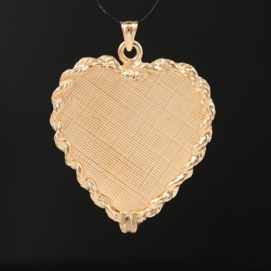 Vintage 14K Heart Pendant Featuring Florentine Finish and Rope Patterned Edges
