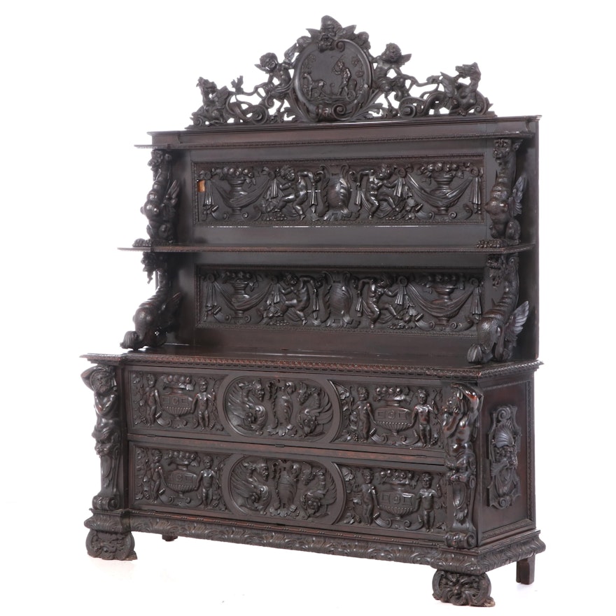 Italian Renaissance Revival Elaborately Carved Walnut Cupboard, 19th Century