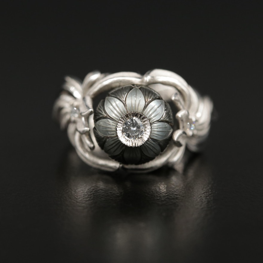 Galatea 14K Carved Pearl and Diamond Foliate Ring