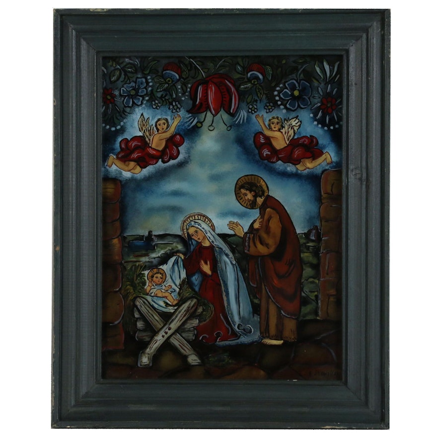Anne Stowinska Reverse Glass Folk Art Painting of Nativity