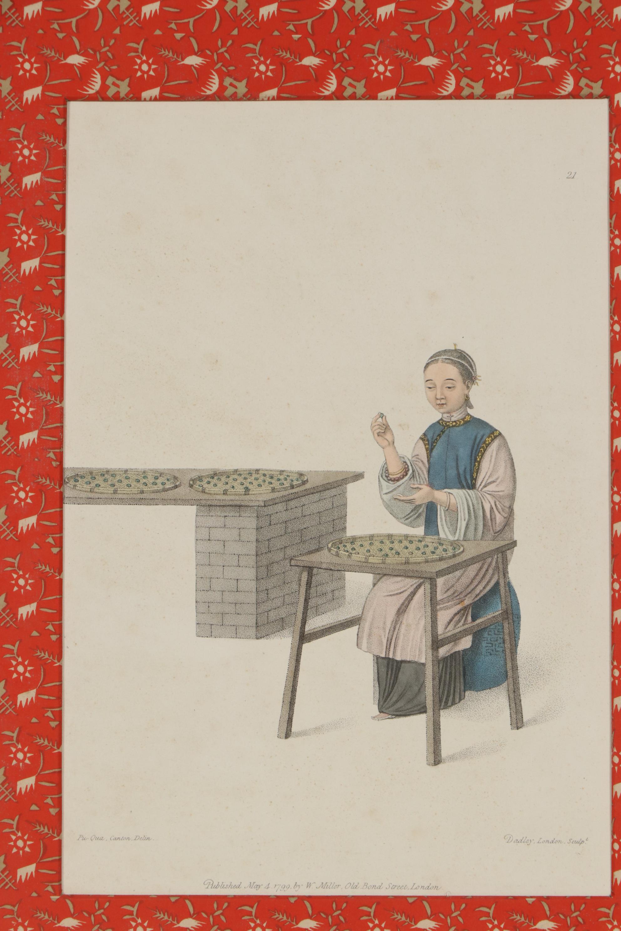 J. Dadley After Pu-Qua of Canton Hand-Colored Stipple Engravings