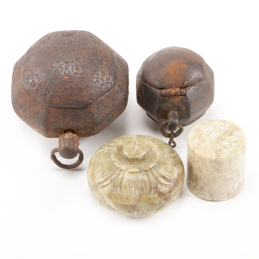 Chinese Metal Trinket Boxes with Carved Stone Boxes