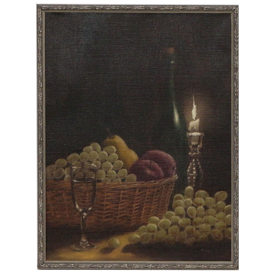 Still Life Oil Painting of Fruit, Wine and Candle